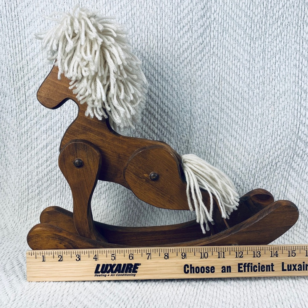 Vtg Rocking Horse Brown Wooden Yarn Mane Rustic Decor Moveable Articulated USA - Picture 7 of 8